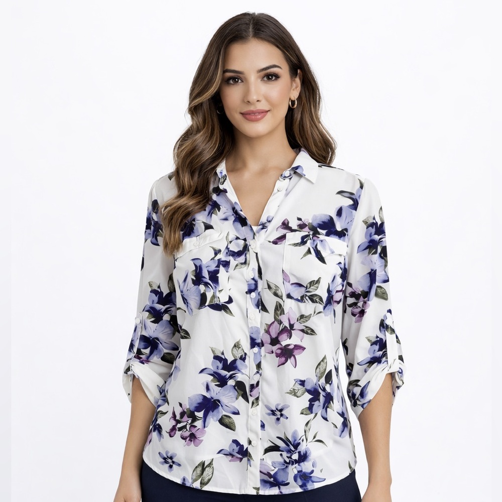 by & by Purple and White Floral 3/4 Sleeve Button Down Blouse
